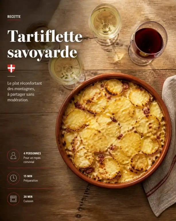 Vin pour tartiflette : verres de blanc de Savoie et de rouge léger autour du plat gratiné