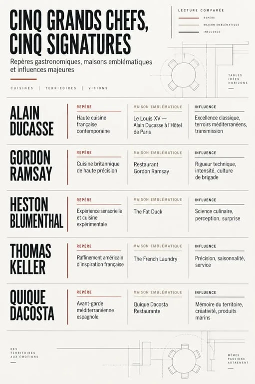 Infographie comparative sur les grands chefs de cuisine internationaux, leurs distinctions et leurs influences
