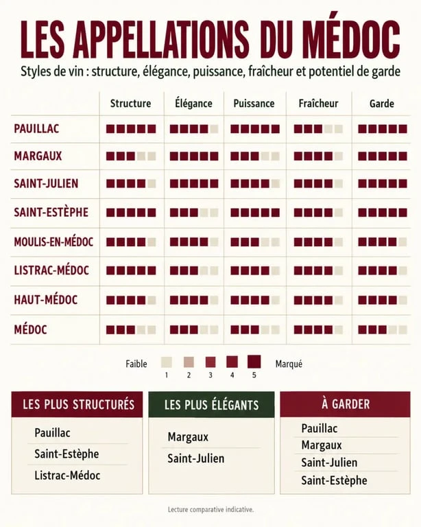 Infographie pour comprendre quels sont les meilleurs vins du Médoc selon l’appellation et le style recherché