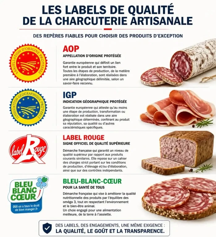 Labels de qualité pour fournisseur de charcuterie artisanale : AOP, IGP, Label Rouge