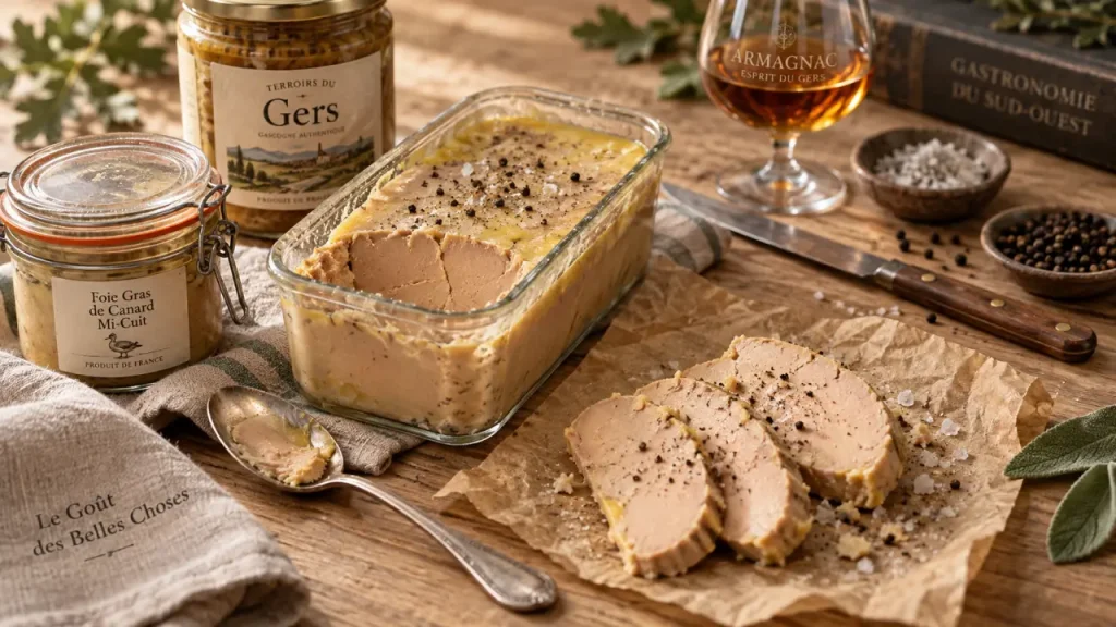 Foie gras artisanal gers, terrine mi-cuit sur table en bois