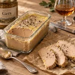 Foie gras artisanal gers, terrine mi-cuit sur table en bois