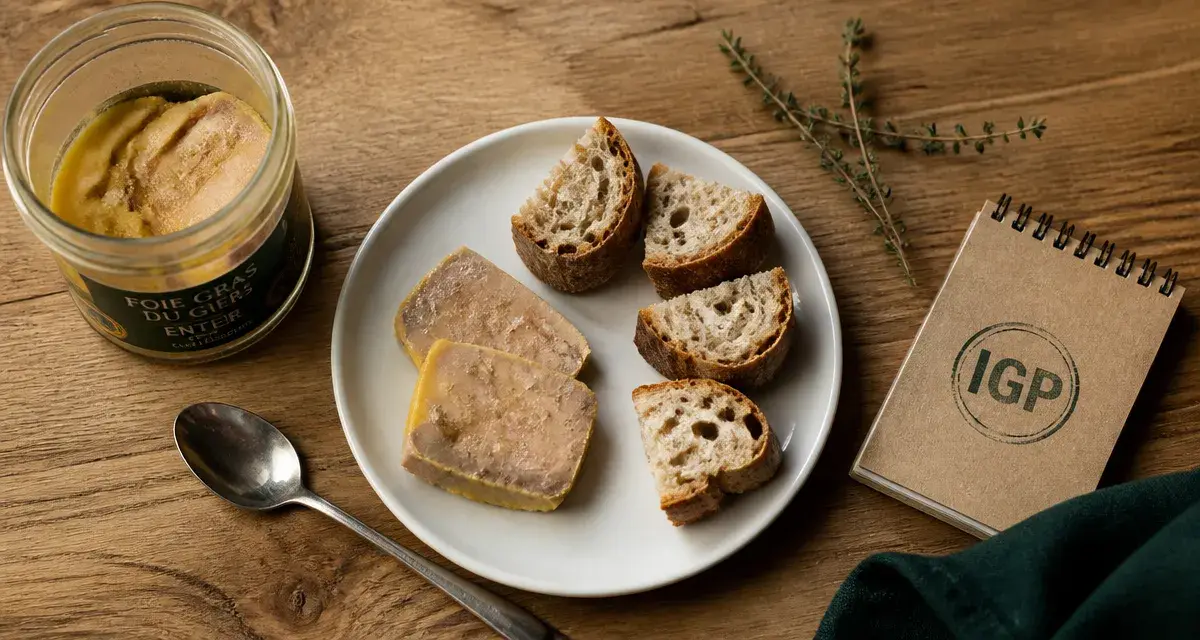 Meilleur foie gras gers : bocal IGP, tranches et pain sur table