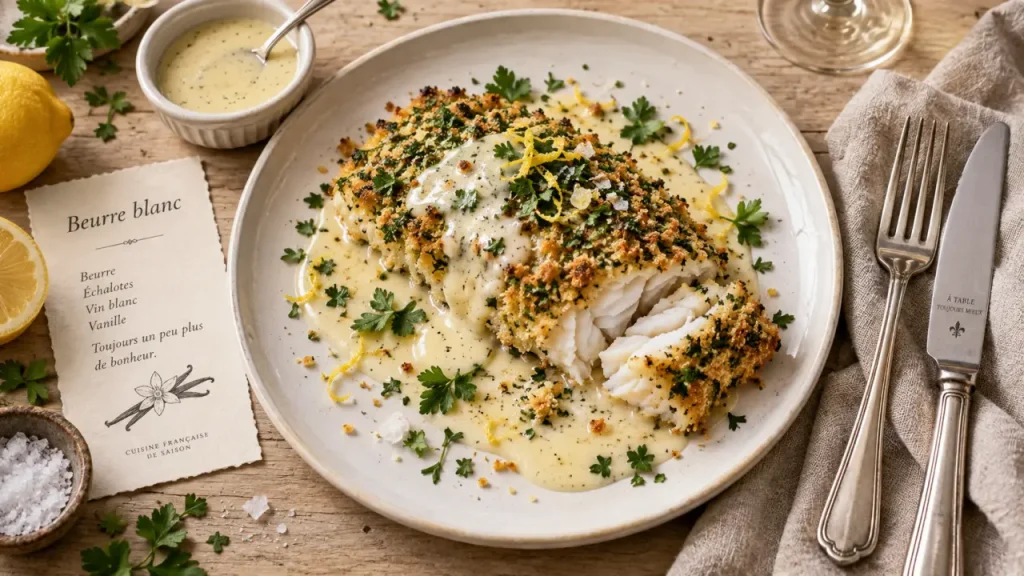 Recette gastronomique poisson : cabillaud en croûte d’herbes et beurre blanc