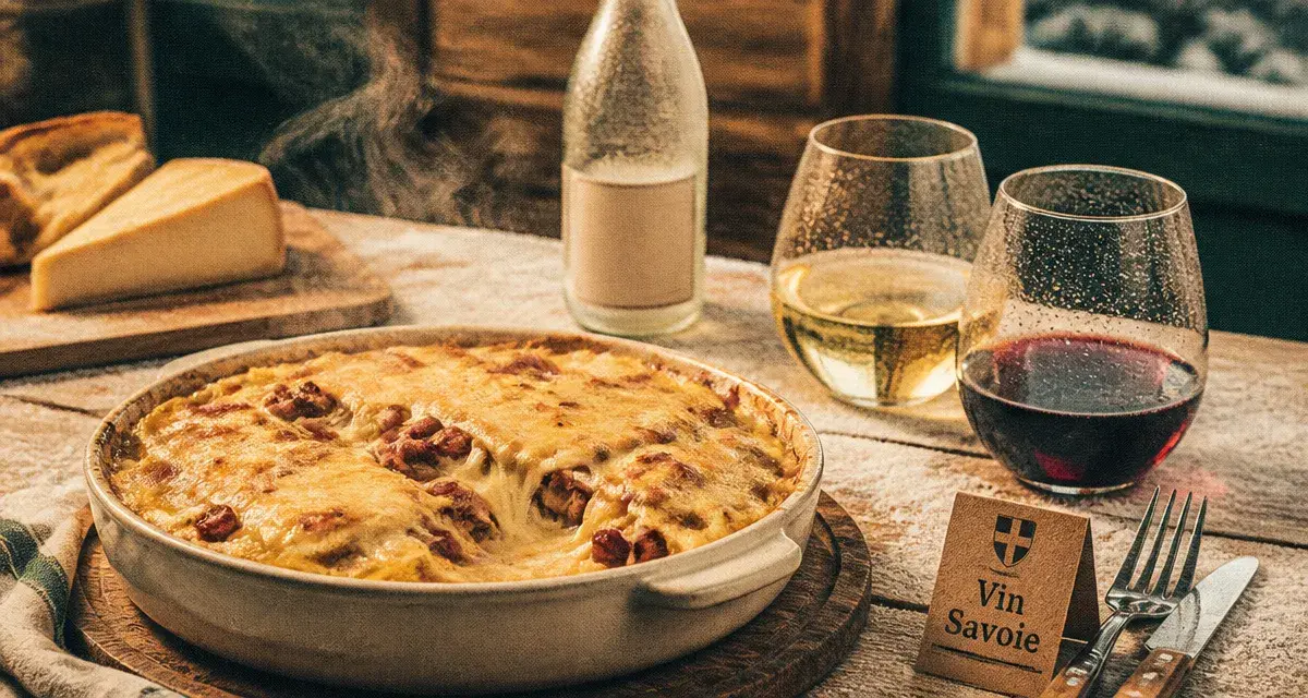 Vin pour tartiflette : blanc de Savoie et rouge léger avec tartiflette gratinée