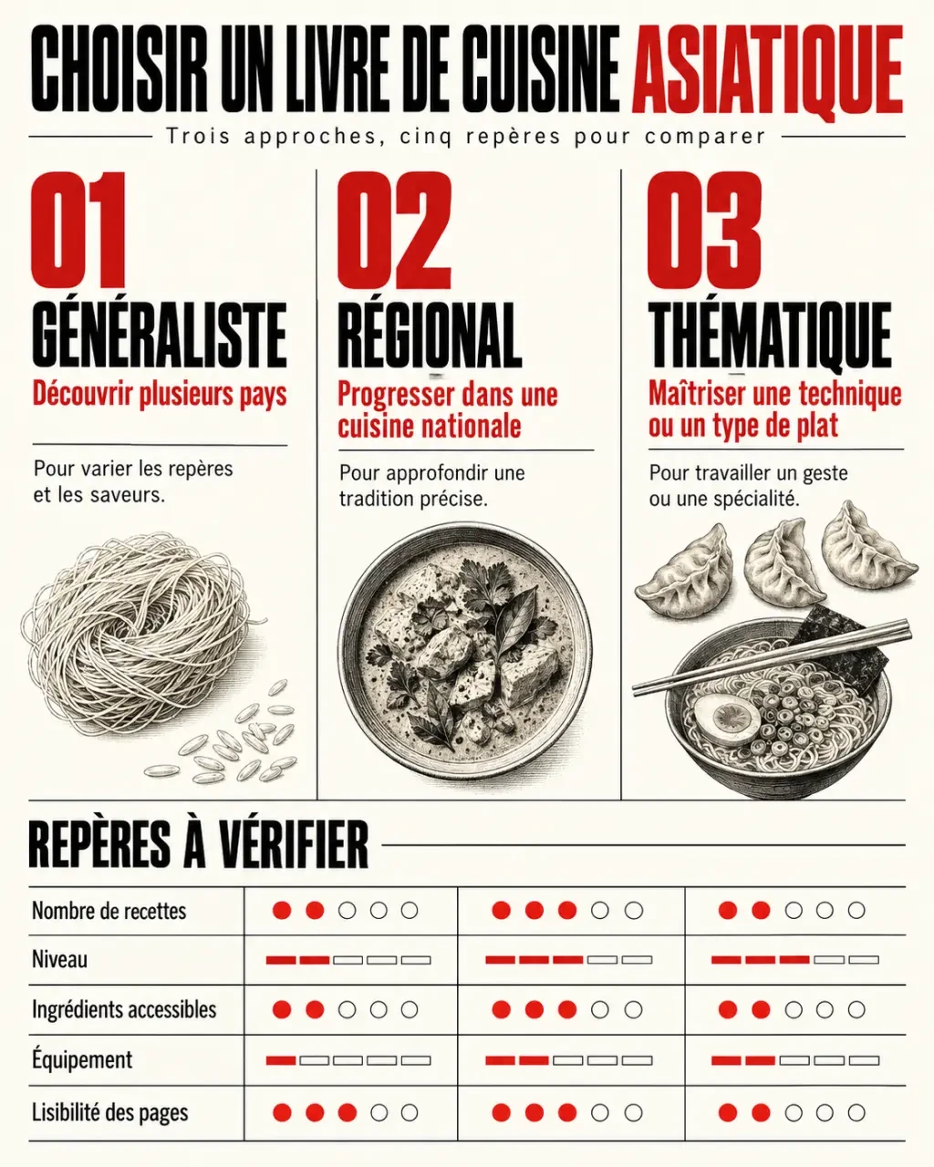 Infographie pour choisir un livre de cuisine asiatique généraliste, régional ou thématique