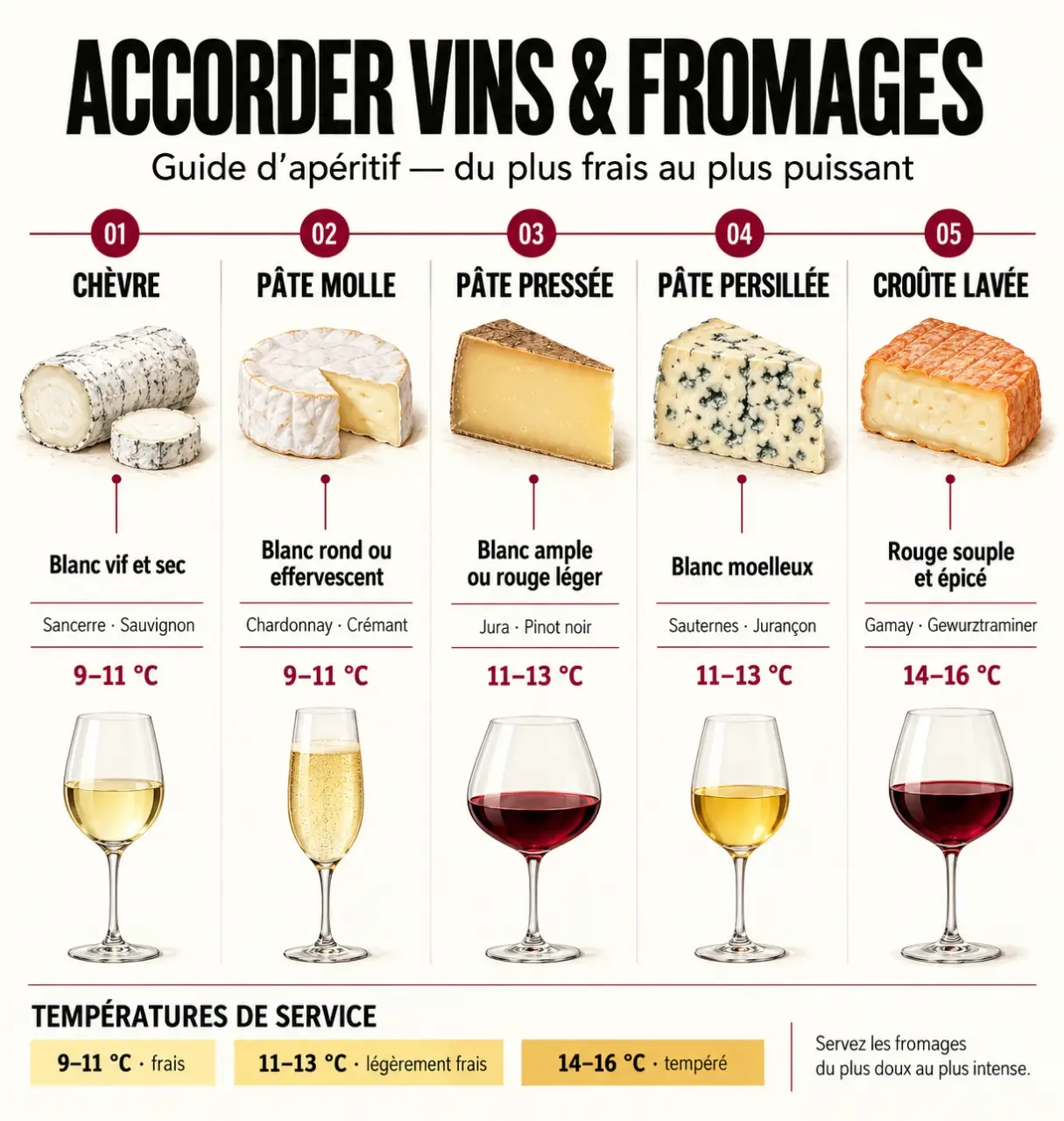 Guide pour accorder les vins et les fromages pour un apéritif, avec tableau visuel des accords et températures de service