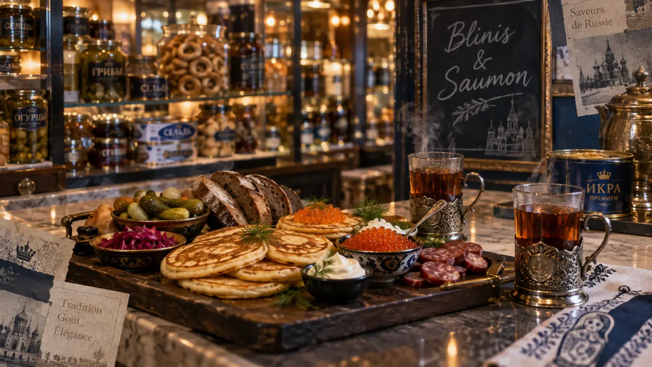 Epicerie et traiteur prestige russe à Paris : blinis et saumon, comptoir chic