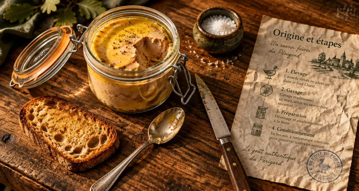Foie gras artisanal dordogne : bocal en verre sur table du Périgord, origine et étapes