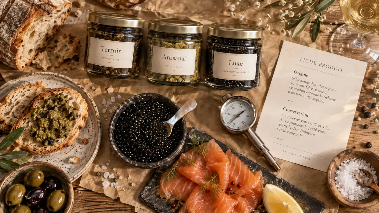 Produits gastronomiques : bocaux, caviar et saumon fumé, conseils conservation