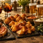 Recette tapas barcelone : pa amb tomàquet, bombas et bravas sur table, sauces brava et aïoli