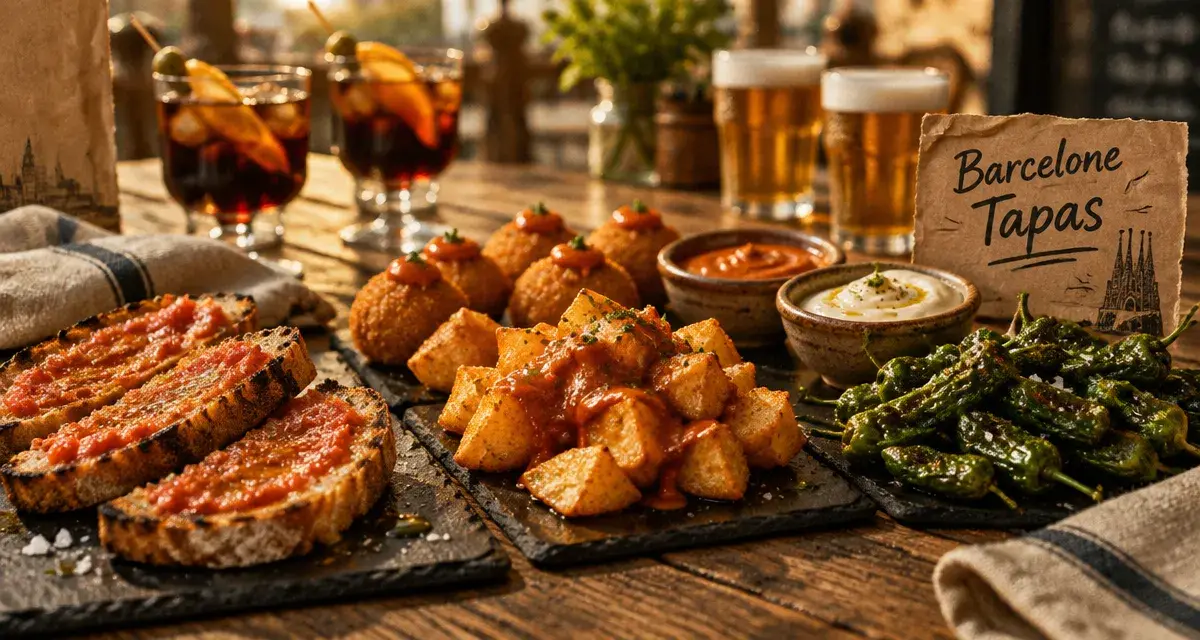 Recette tapas barcelone : pa amb tomàquet, bombas et bravas sur table, sauces brava et aïoli